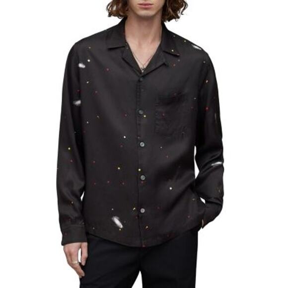 Allsaints Galaxy Space Print L/S Camp Collar Button Down Black Shirt Men's XL - Picture 2 of 9